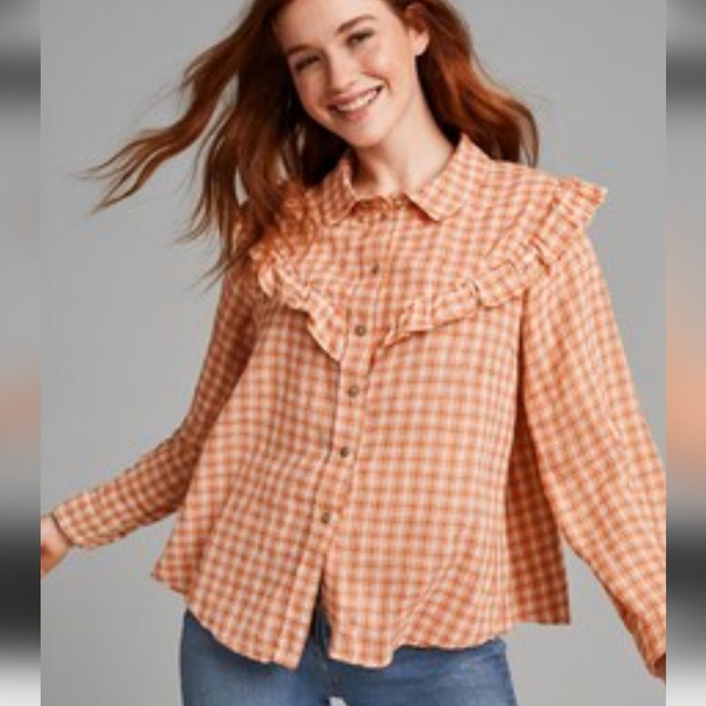 Amercian Eagle Western Plaid Ruffle Blouse Sz L
